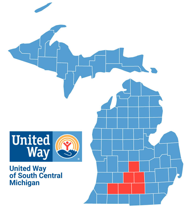 A map of Michigan with all of the South Central United Way couties highlighted.