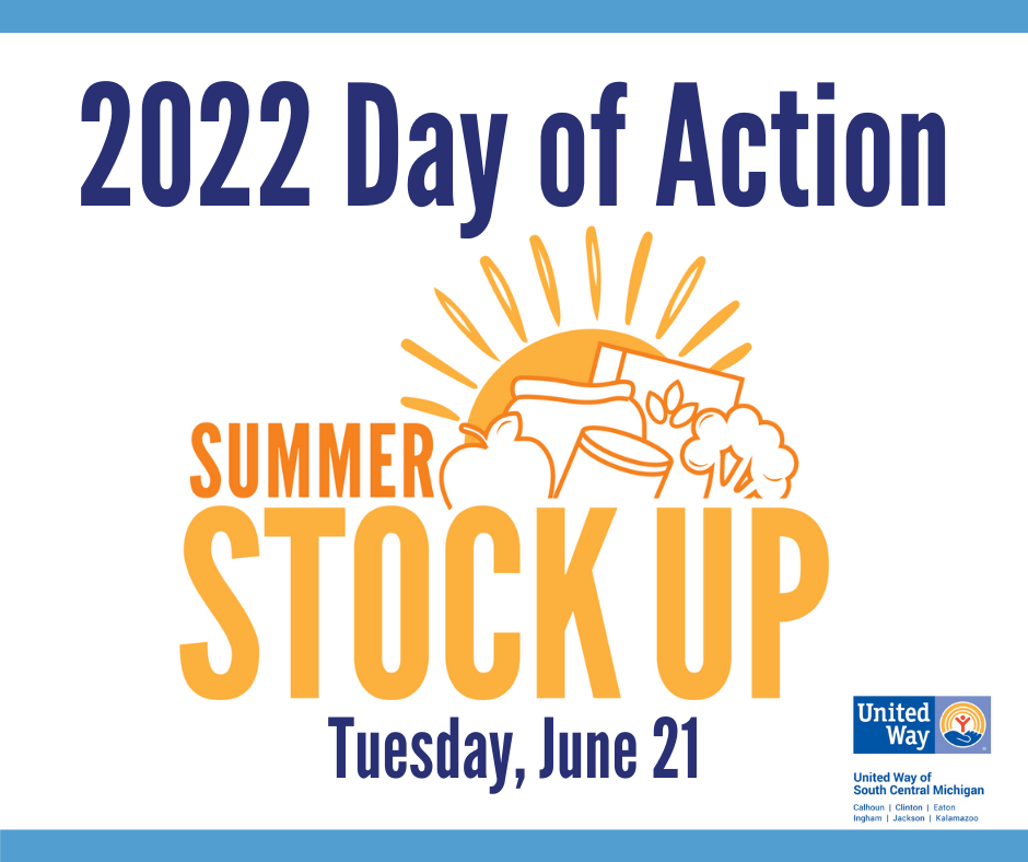 Logo for Summer Stock Up, with image of sun and food. Includes text: 2022 Day of Action, Tuesday, June 21