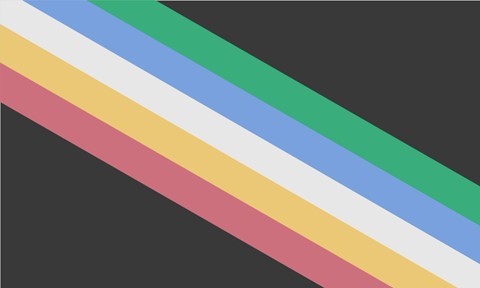 [Image description: The visually safe Disability Pride flag, in muted colors (for use online). A charcoal gray flag with a diagonal band from the top left to bottom right corner, made up of five parallel stripes (going from bottom up / left to right) in red, gold, ultra pale gray, blue, and green. 
Attribution: Ann Magill.] 