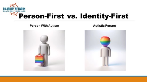 [Image description: An illustration titled “Person-First vs. Identity-First,” referring to different ways of using respectful disability language. On the left is a person holding a rainbow-colored bag, labeled “person with autism.” On the right is a person with a rainbow-colored head, labeled “Autistic person.” Disability Network Southwest Michigan blue and orange logo in upper left corner of the image.
Attribution: Disability Network Southwest Michigan (2024).]