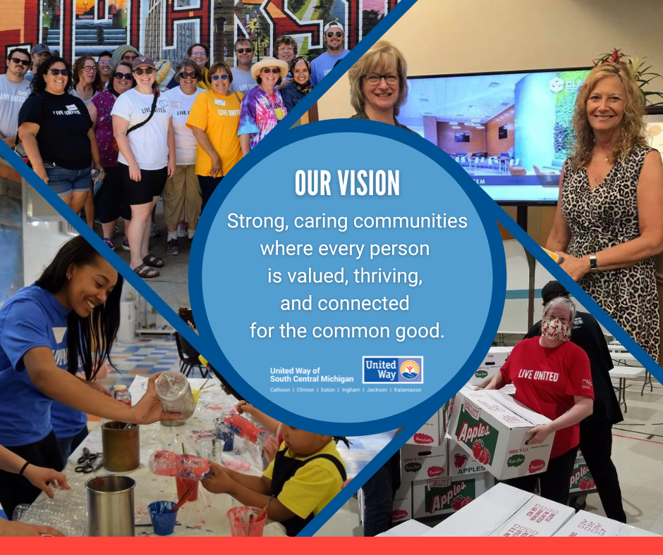 Graphic of people surrounding Our Vision, which is strong, caring communities where every person is valued, thriving and connected for the common good.
