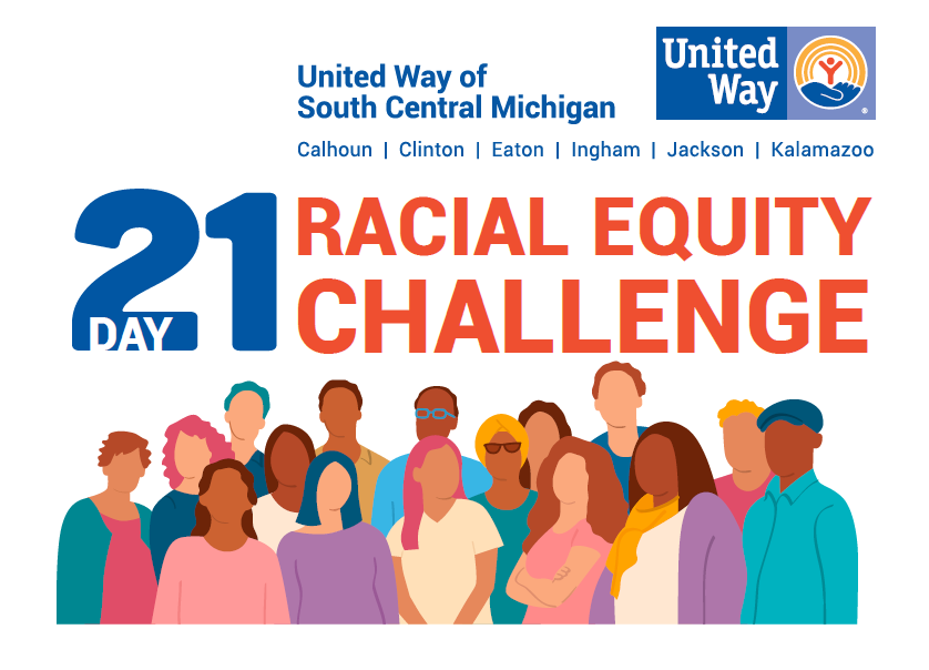 Graphic depicting a crowd of diverse people, with the words 21-Day Racial Equity Challenge above them.