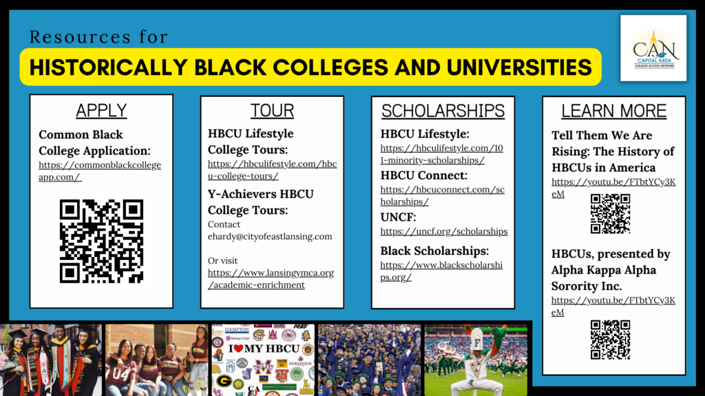 Text on blue background reads: Resources for Historically Black Colleges and Universities. Includes eight links to resources. PDF link is available below the image.