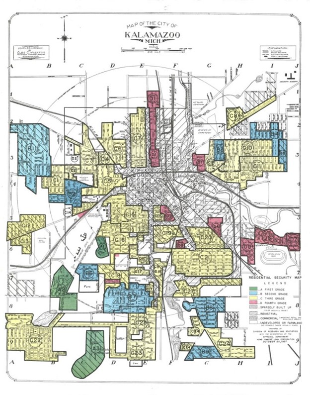 Image: Map of Kalamazoo that shows boundries of neighborhoods, which are color coded in yellow, blue, red and green.