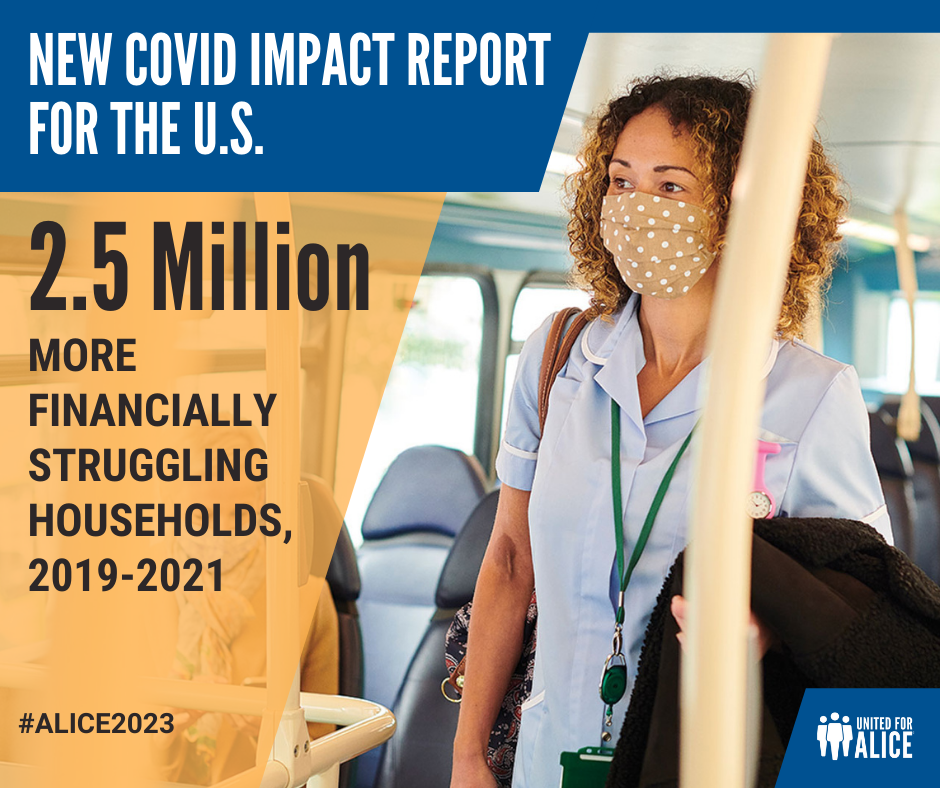 A woman stands on a bus wearing a mask. Text to her left reads New COVID Impact Report for the U.S.: 2.5 million more financially struggling households, 2019-2021