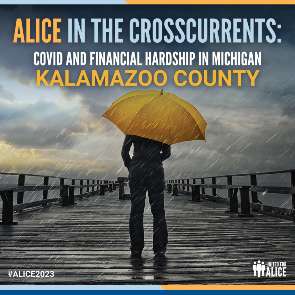 Man stands in the rain with a yellow umbrella. Text reads: ALICE in the Crosscurrents: Covid and Financial Hardship in Michigan: Kalamazoo County.