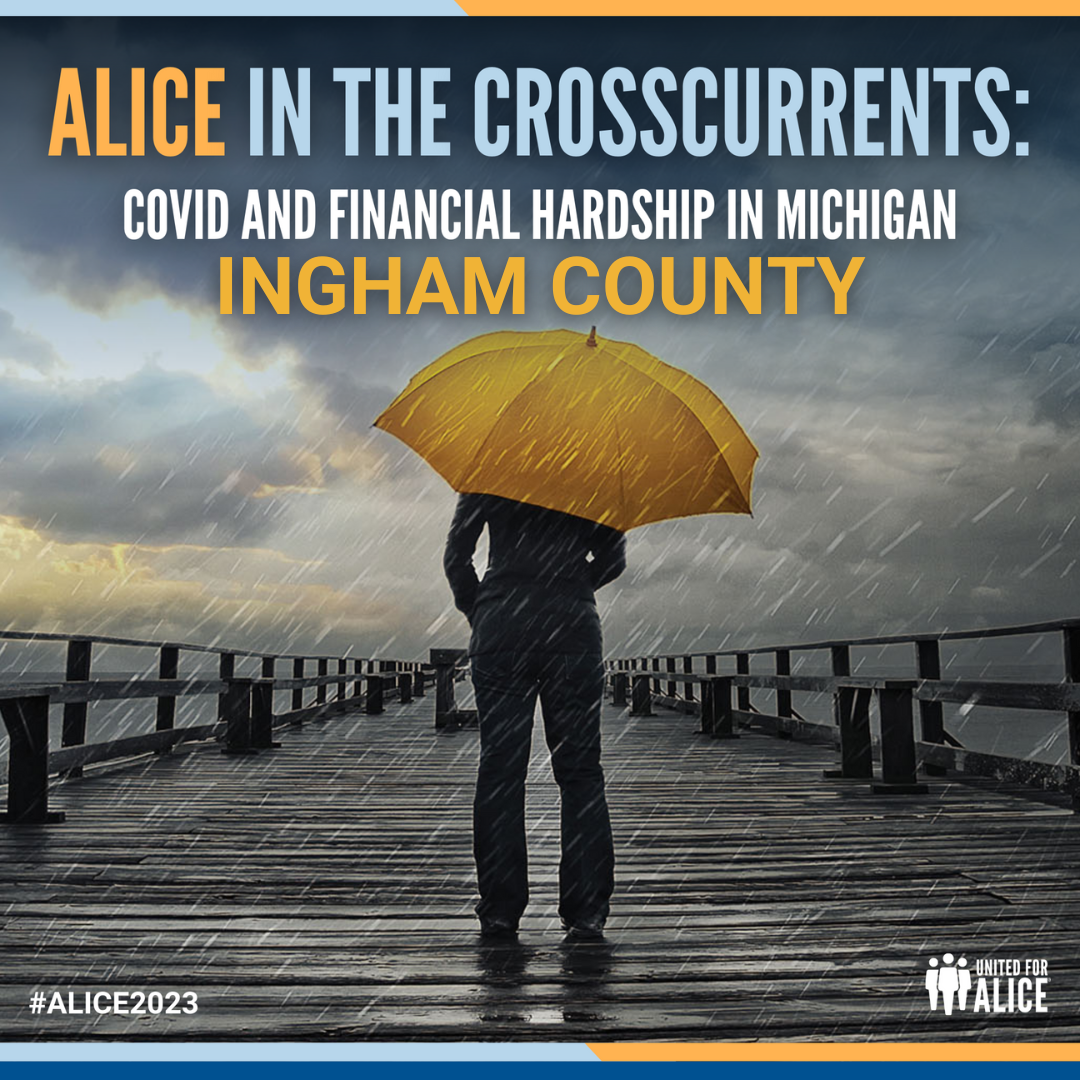 Man stands in the rain with a yellow umbrella. Text reads: ALICE in the Crosscurrents: Covid and Financial Hardship in Michigan: Ingham County.