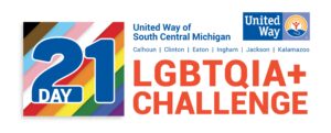 The text 21-Day LGBTQIA+ Challenge, on a pride flag backdrop.