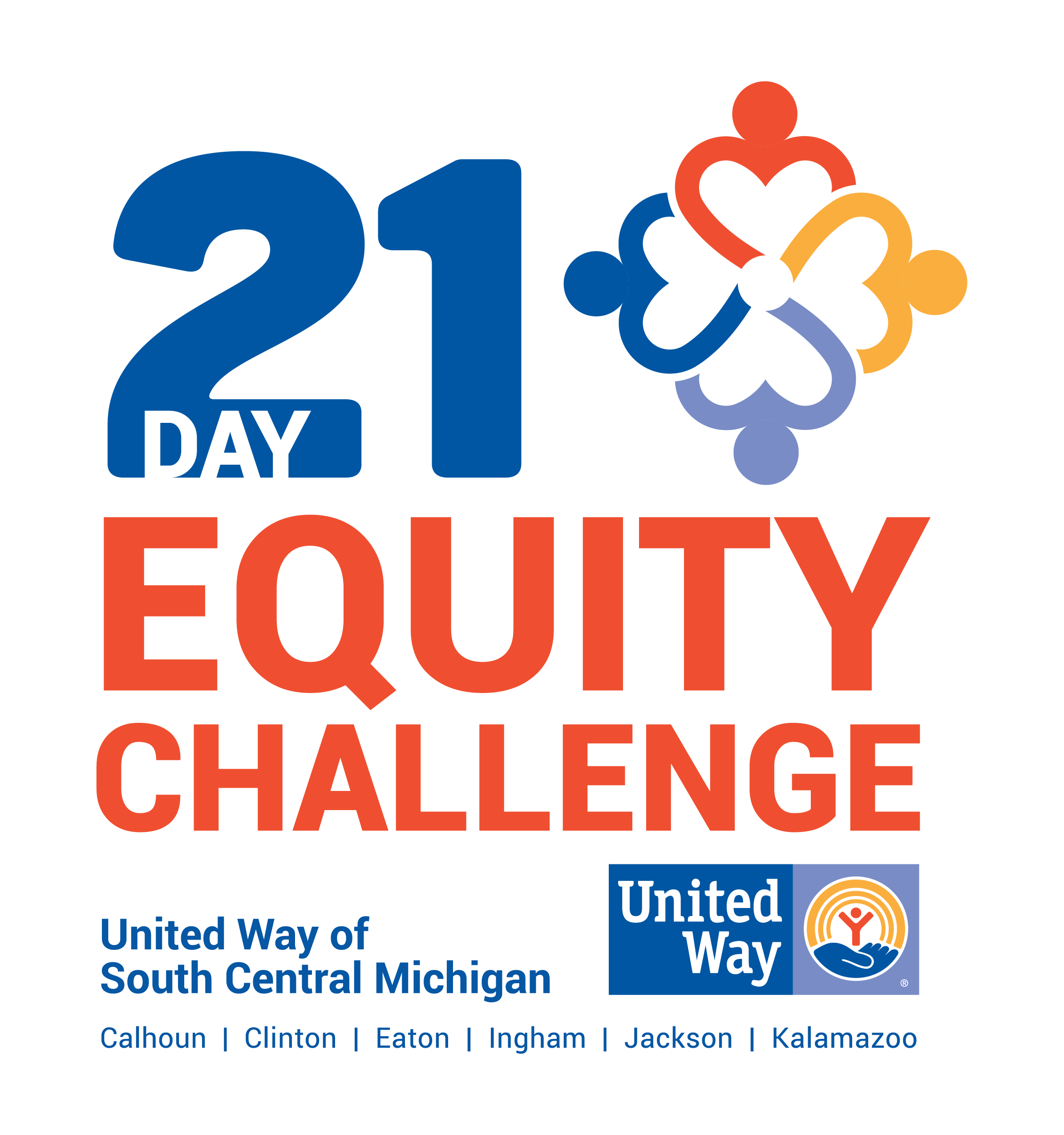 Text that reads 21-Day Equity Challenge, with blue, light blue, red and yellow graphics that represent people holding hands. UWSCMI logo at the bottom.
