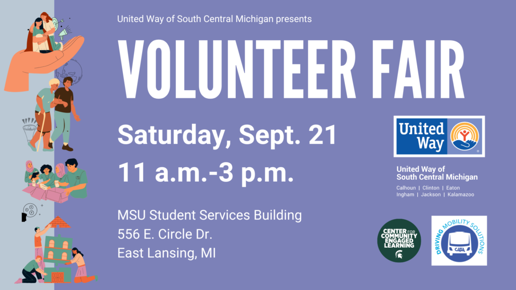 Figures at left depict people volunteering, with text at right tht says: Volunteer Fair, Sept. 21, 11 a.m. to 3 p.m.