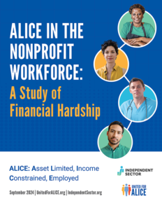 Four circles on a blue background featuring headshots of four workers. Text reads ALICE in the nonprofit workforce: A study of financial Hardship.