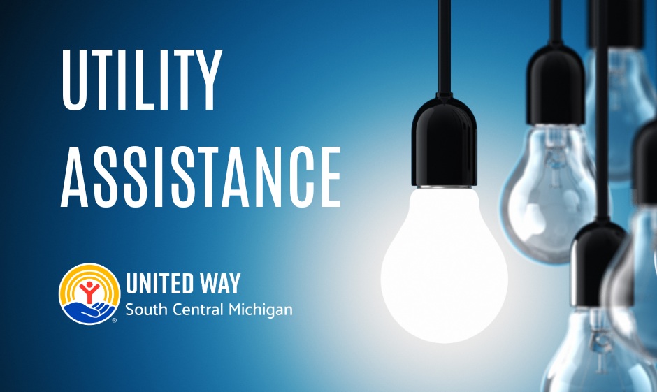 Light bulbs hang down on a blue background. Text reads Utility Assistance, with United Way logo beneath.