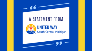 White box on blue background with text that reads A statement from United Way South Central Michigan