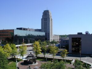 Battle Creek city skyline on a sunny day