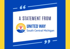 White box on blue background with text that reads A statement from United Way South Central Michigan