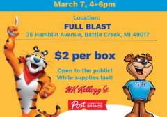 Flyer featuring cereal mascots Tony the Tiger and Sugar Bear, with text that says: Cereal Sale, March 7, 4-6 p.m. at Full Blast.