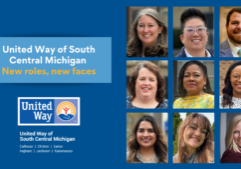 Text box in blue that reads United Way of South Central Michigan New roles, new faces, next to a grid of nine headshots of people who have recently been promoted or joined UWSCMI.