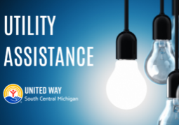 Light bulbs hang down on a blue background. Text reads Utility Assistance, with United Way logo beneath.