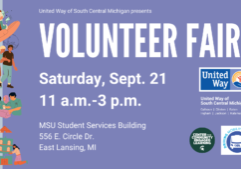 Figures at left depict people volunteering, with text at right tht says: Volunteer Fair, Sept. 21, 11 a.m. to 3 p.m.